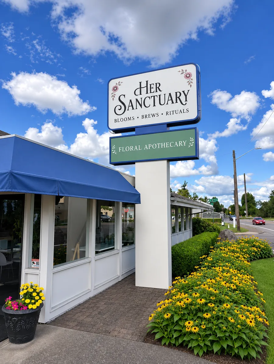 The Her Sanctuary sign outside the store, reading Blooms, Brews, Rituals and Floral Apothecary, beside the blue awning and a bed of yellow flowers